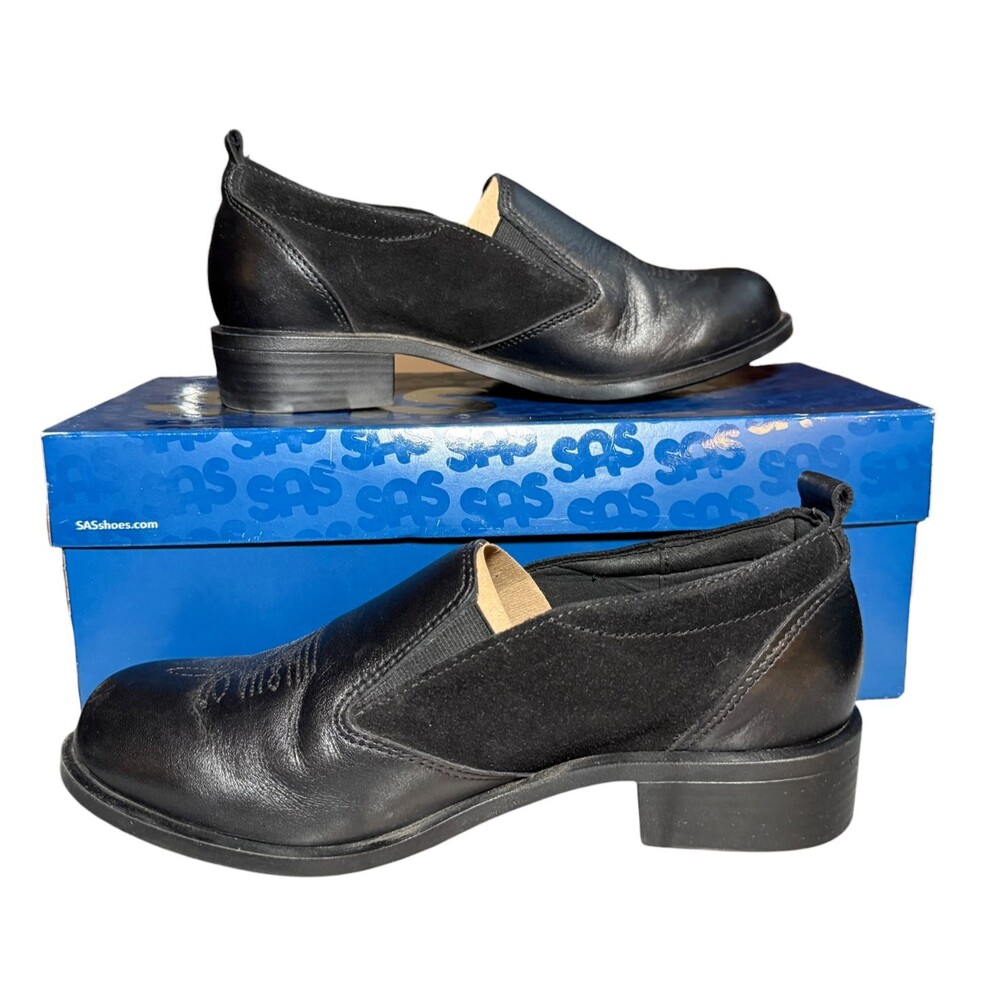 SAS Saddle Shoes Women 7 W Wide Black Oxford Leather Suede Western Comfort Box